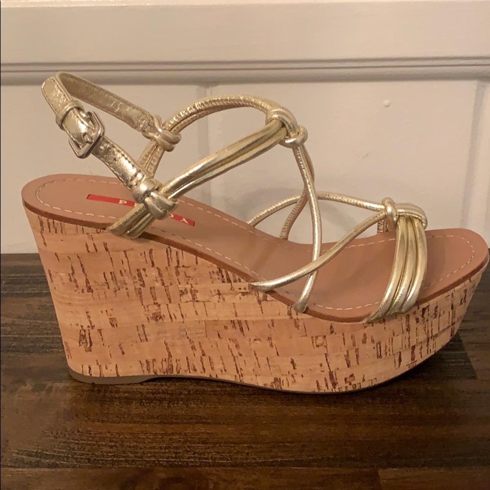 Prada Strappy Knot Cork Wedge Sandal, Cannella